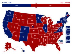 A photo depicting the United States election results in 2024 with Donald Trump receiving 312 electoral votes and Kamala Harris receiving 226.